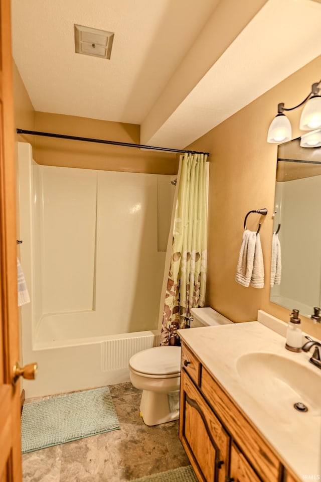 full bath with toilet, vanity, and shower / bath combination with curtain