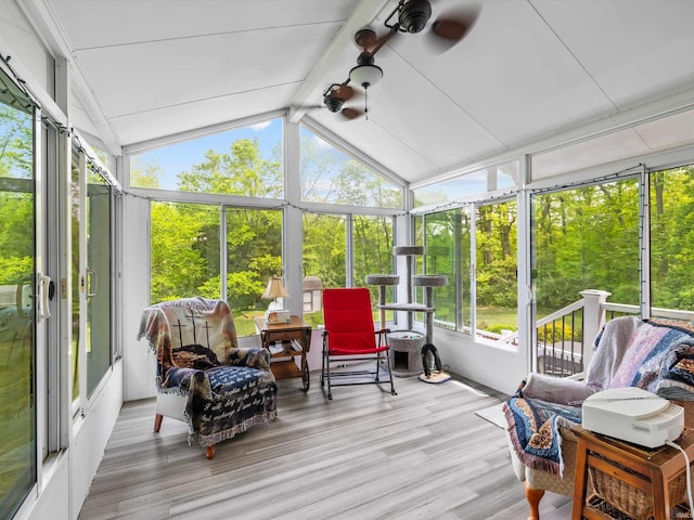 sunroom featuring ceiling fan and beamed ceiling