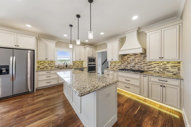 11499 W Nobles Chapel Rd, Elberfeld, IN 47613 - kitchen featuring a sink, dark wood-type flooring, appliances with stainless steel finishes, a kitchen island, and custom range hood