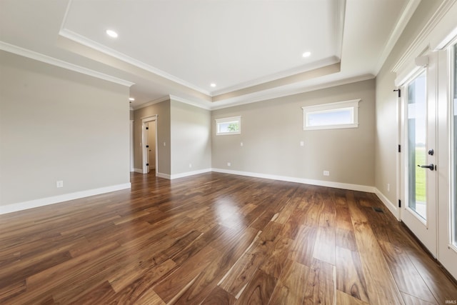 11499 W Nobles Chapel Rd, Elberfeld, IN 47613 - empty room with a tray ceiling, crown molding, baseboards, and dark wood-type flooring