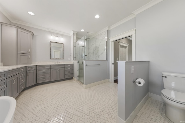 11499 W Nobles Chapel Rd, Elberfeld, IN 47613 - bathroom with toilet, a stall shower, and ornamental molding