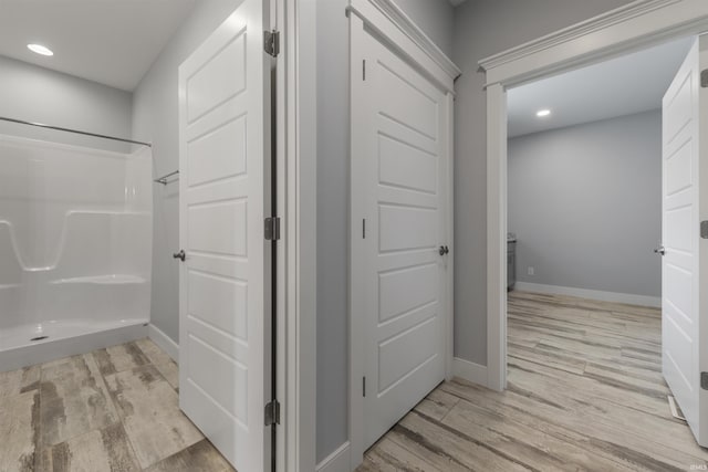 11499 W Nobles Chapel Rd, Elberfeld, IN 47613 - bathroom with wood finished floors, a shower, baseboards, and recessed lighting