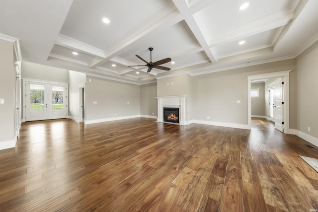 11499 W Nobles Chapel Rd, Elberfeld, IN 47613 - unfurnished living room with a ceiling fan, dark wood finished floors, beam ceiling, and a fireplace with flush hearth