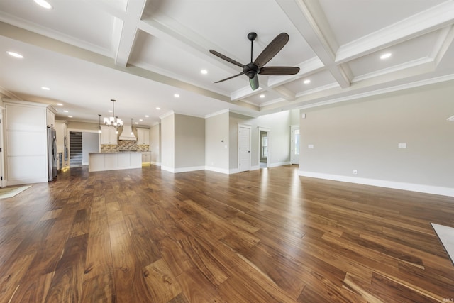 11499 W Nobles Chapel Rd, Elberfeld, IN 47613 - unfurnished living room featuring coffered ceiling, ornamental molding, ceiling fan with notable chandelier, beamed ceiling, and dark wood-style floors
