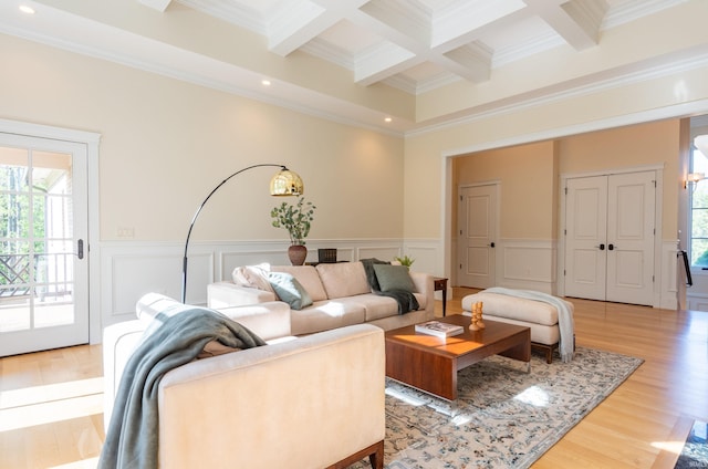 9225 S Foggy Ridge Ln, Bloomington, IN 47401 - living room with wainscoting, ornamental molding, a wealth of natural light, and beam ceiling