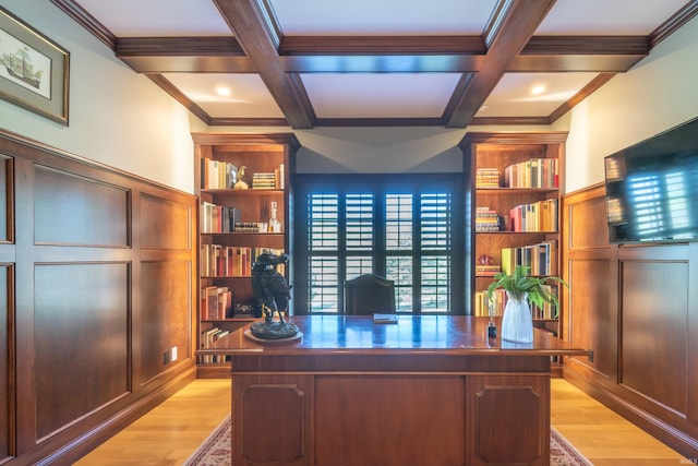 9225 S Foggy Ridge Ln, Bloomington, IN 47401 - home office featuring beamed ceiling, light wood-style flooring, and coffered ceiling