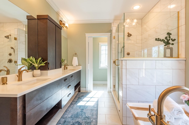 9225 S Foggy Ridge Ln, Bloomington, IN 47401 - bathroom featuring a sink, ornamental molding, a stall shower, double vanity, and a bath