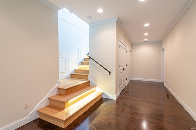 9225 S Foggy Ridge Ln, Bloomington, IN 47401 - stairs featuring baseboards, ornamental molding, and recessed lighting
