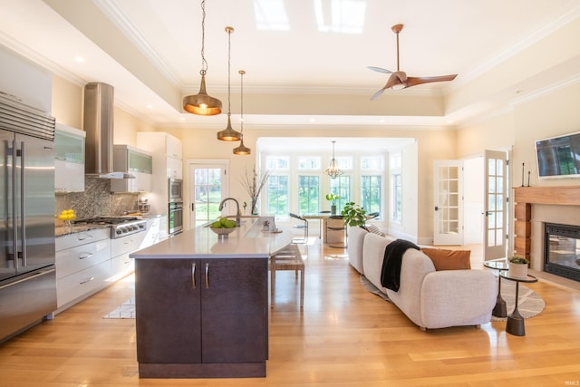 9225 S Foggy Ridge Ln, Bloomington, IN 47401 - kitchen featuring built in appliances, exhaust hood, a raised ceiling, a glass covered fireplace, and decorative backsplash