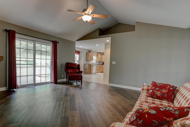 918 S December 25th Ln, Santa Claus, IN 47579 - living room with baseboards, dark wood-type flooring, and a ceiling fan