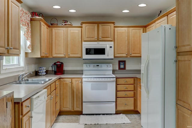 918 S December 25th Ln, Santa Claus, IN 47579 - kitchen featuring a sink, white appliances, recessed lighting, light countertops, and light brown cabinetry