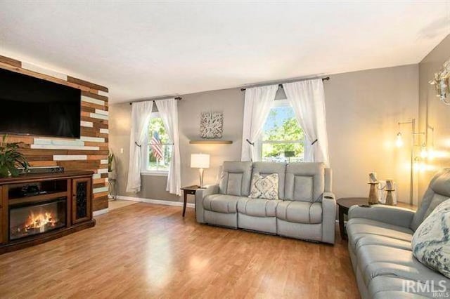 living room with a wealth of natural light, baseboards, a glass covered fireplace, and wood finished floors