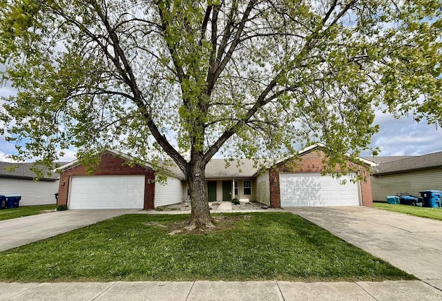 ranch-style home featuring concrete driveway, a garage, brick siding, and a front yard
