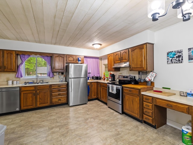 kitchen featuring under cabinet range hood, brown cabinetry, a sink, light countertops, and appliances with stainless steel finishes