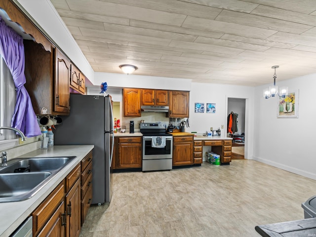 kitchen featuring stainless steel appliances, under cabinet range hood, a sink, brown cabinets, and light countertops