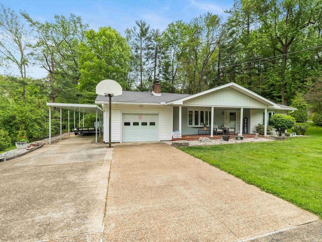 view of front of property with covered porch, concrete driveway, a garage, and a front lawn