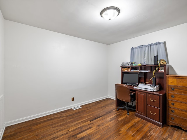 office area with dark wood-style flooring, baseboards, and visible vents
