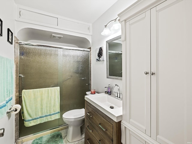 full bath with vanity, toilet, visible vents, and a stall shower