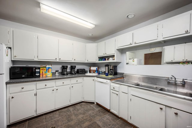 kitchen featuring a sink, open shelves, black microwave, white cabinetry, and white dishwasher