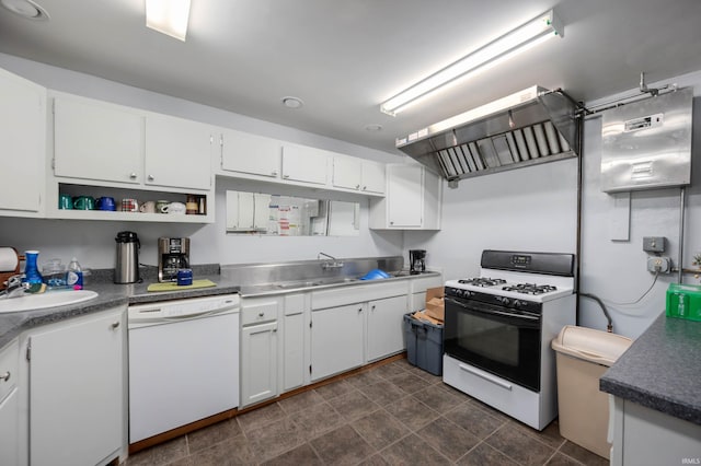 kitchen with white cabinets, open shelves, range hood, and white appliances