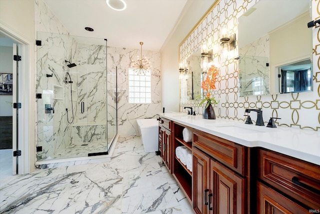4052 Diamond Row, Greenwood, IN 46143 - bathroom with a sink, a marble finish shower, a chandelier, a freestanding bath, and double vanity