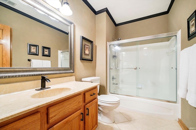 4052 Diamond Row, Greenwood, IN 46143 - full bathroom featuring toilet, vanity, tile patterned floors, crown molding, and enclosed tub / shower combo