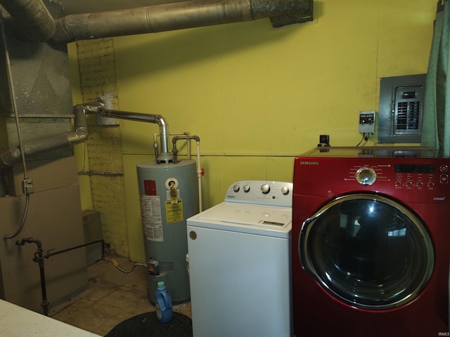 laundry room with electric panel, independent washer and dryer, water heater, and laundry area