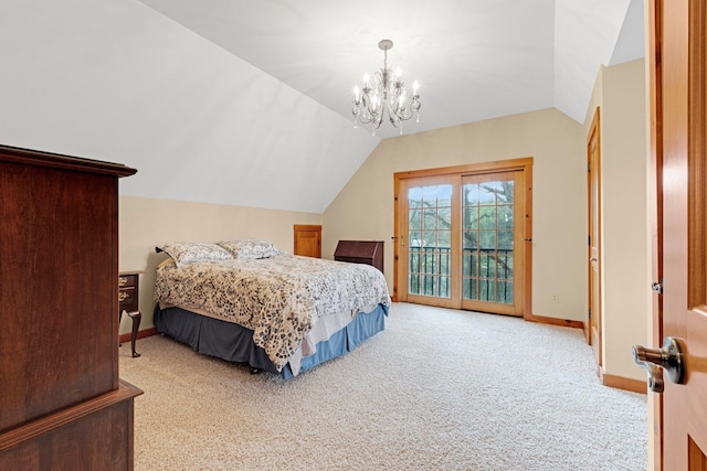 bedroom with a notable chandelier, vaulted ceiling, access to exterior, and carpet floors