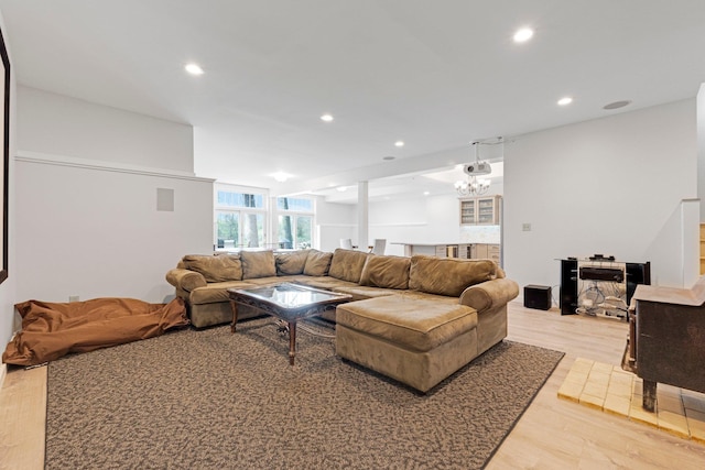 living room featuring light wood-style floors and recessed lighting