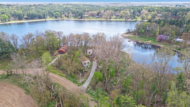 drone / aerial view with a water view and a forest view