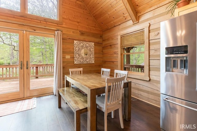 6705 S Shields Ridge Rd, Bloomington, IN 47401 - dining area featuring wooden walls, french doors, lofted ceiling, and dark wood-type flooring