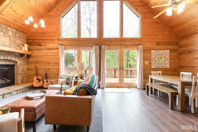 6705 S Shields Ridge Rd, Bloomington, IN 47401 - living area featuring wooden ceiling, a healthy amount of sunlight, and high vaulted ceiling