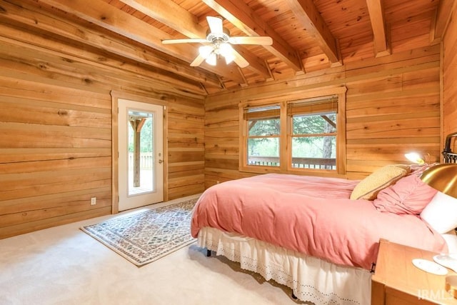 6705 S Shields Ridge Rd, Bloomington, IN 47401 - bedroom with access to exterior, wooden ceiling, wooden walls, and beam ceiling