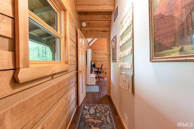 6705 S Shields Ridge Rd, Bloomington, IN 47401 - hall with wood walls, visible vents, and dark wood-type flooring