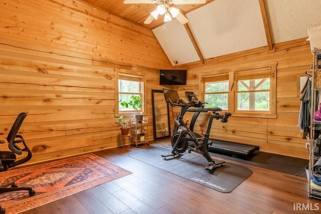 6705 S Shields Ridge Rd, Bloomington, IN 47401 - exercise area featuring vaulted ceiling, ceiling fan, wood walls, and wood finished floors