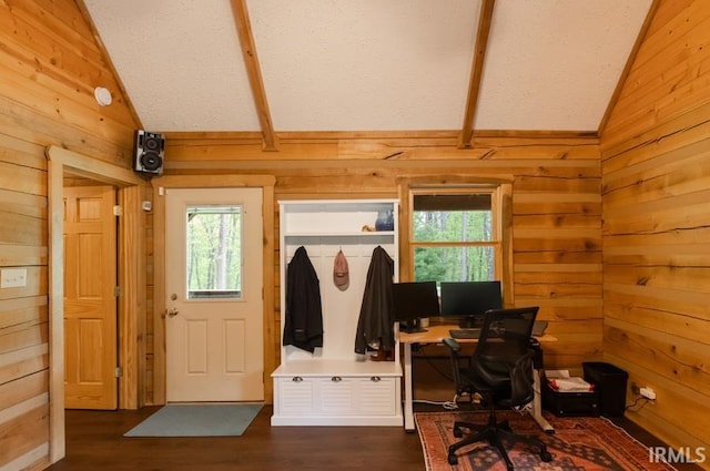 6705 S Shields Ridge Rd, Bloomington, IN 47401 - mudroom with wooden walls, lofted ceiling with beams, a healthy amount of sunlight, and dark wood-style floors
