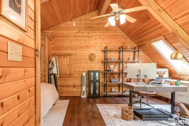 6705 S Shields Ridge Rd, Bloomington, IN 47401 - office space with wooden ceiling, vaulted ceiling, wood walls, and dark wood-style floors
