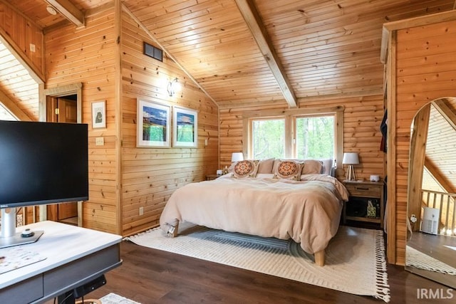 6705 S Shields Ridge Rd, Bloomington, IN 47401 - bedroom featuring wood ceiling, wood walls, vaulted ceiling with beams, and dark wood-style floors