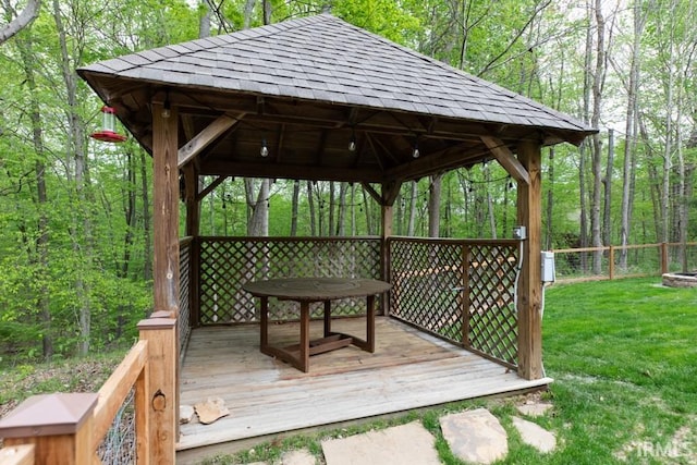 6705 S Shields Ridge Rd, Bloomington, IN 47401 - wooden deck with a wooded view, fence, a gazebo, and a lawn