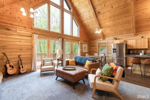6705 S Shields Ridge Rd, Bloomington, IN 47401 - carpeted living area with wooden ceiling, wooden walls, beam ceiling, and high vaulted ceiling