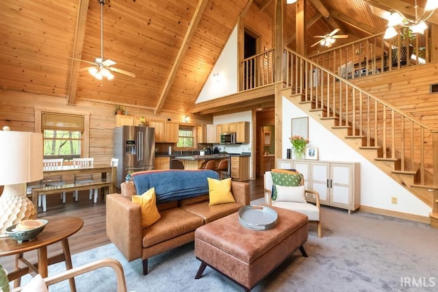 6705 S Shields Ridge Rd, Bloomington, IN 47401 - living area featuring a ceiling fan, stairway, high vaulted ceiling, and wooden ceiling