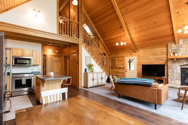 6705 S Shields Ridge Rd, Bloomington, IN 47401 - living room featuring wooden ceiling, stairs, wood walls, high vaulted ceiling, and dark wood-type flooring