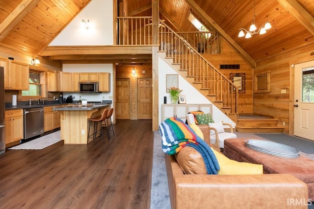 6705 S Shields Ridge Rd, Bloomington, IN 47401 - living room with dark wood-style floors, wood walls, high vaulted ceiling, and wood ceiling