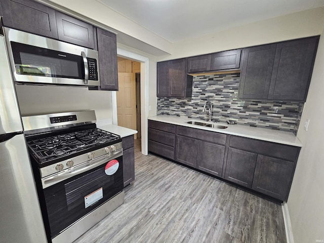 kitchen featuring backsplash, stainless steel appliances, light wood-type flooring, and a sink