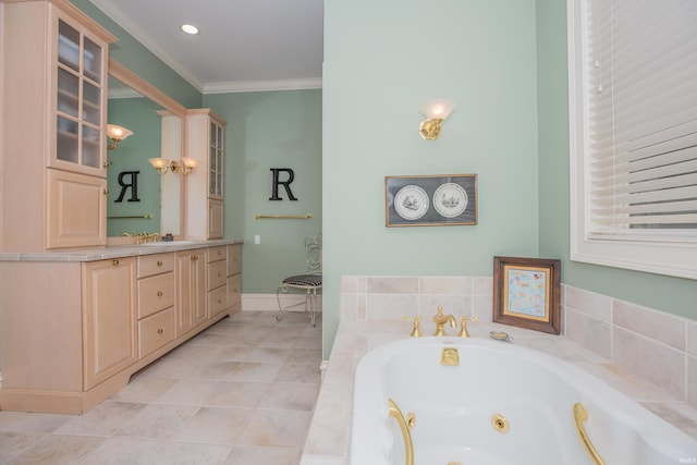 13 Rolling Ridge Ct, Jasper, IN 47546 - full bath with vanity, tile patterned floors, crown molding, a whirlpool tub, and baseboards