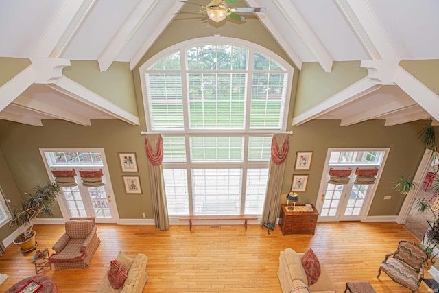 13 Rolling Ridge Ct, Jasper, IN 47546 - living room with high vaulted ceiling, a ceiling fan, and beam ceiling