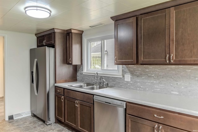 306 S Main St, Topeka, IN 46571 - kitchen featuring a sink, visible vents, backsplash, light countertops, and appliances with stainless steel finishes