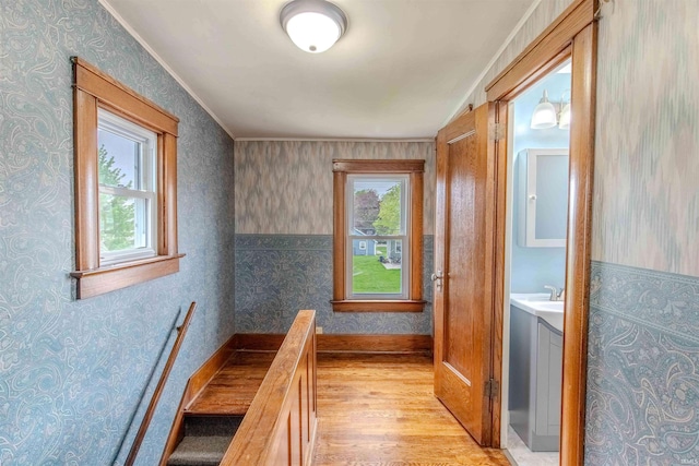 306 S Main St, Topeka, IN 46571 - hallway featuring a wealth of natural light, light wood-style floors, crown molding, and wallpapered walls