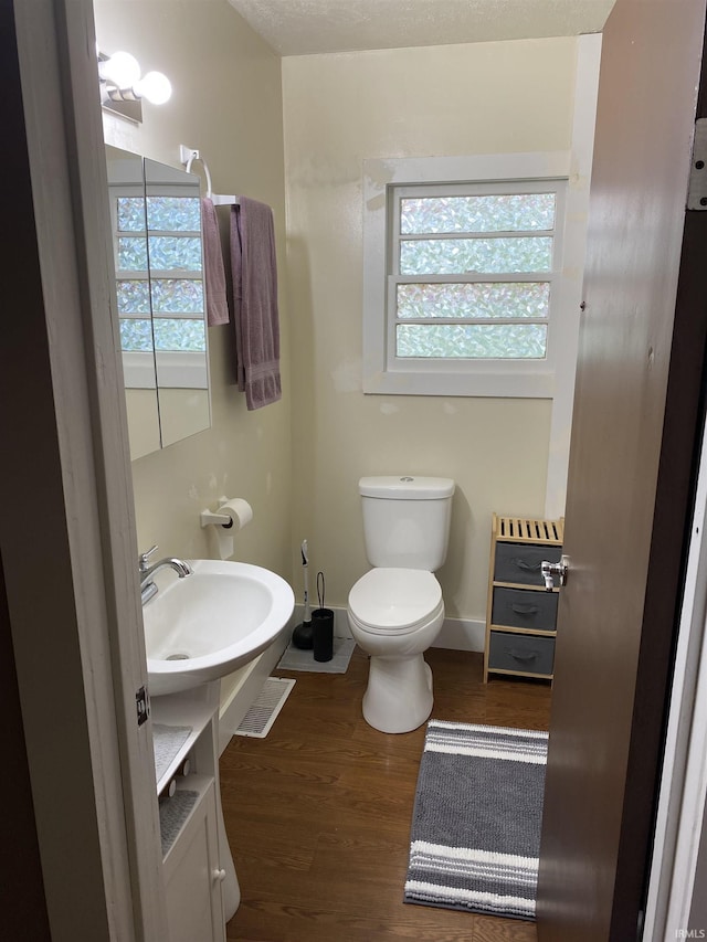 bathroom featuring toilet, wood finished floors, and a sink