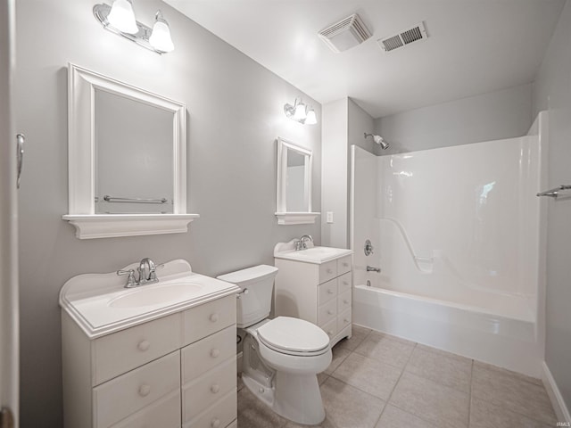 bathroom featuring vanity, toilet, tub / shower combination, and visible vents